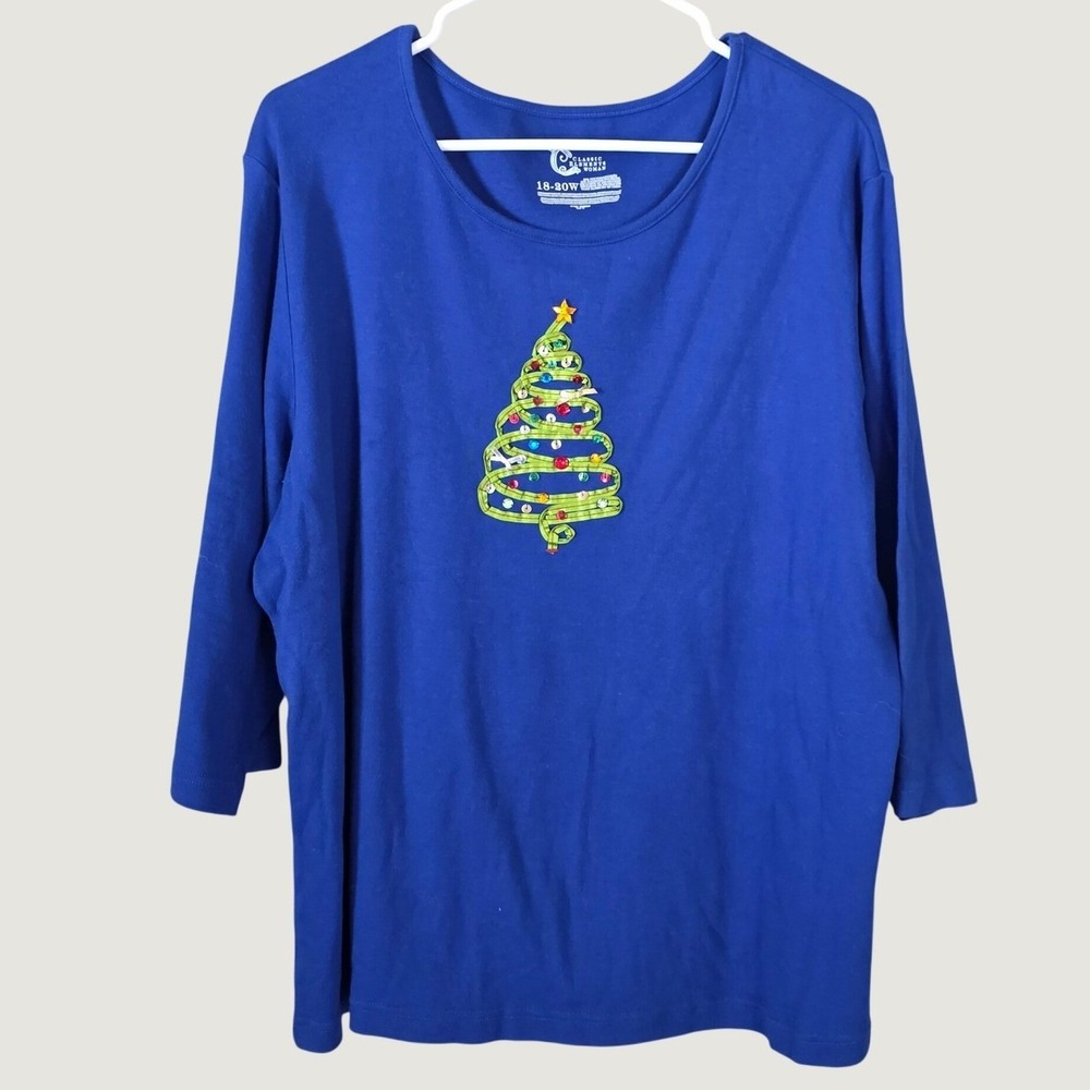 Womens Christmas Tree Top Size 18/20W Blue Sequin 3/4 Sleeve Tee Holiday Party
